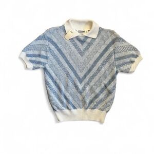 VTG Deadstock Alfred Dunner cotton collard Knit sweater blue white L preppy